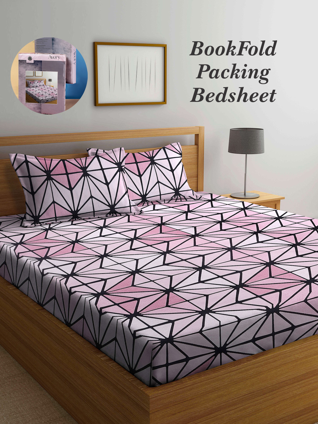 Arrabi Bookfold Pink Geometric Cotton 300 TC King Fine Bedsheet with 2 Pillow Covers-98 x 87 inches