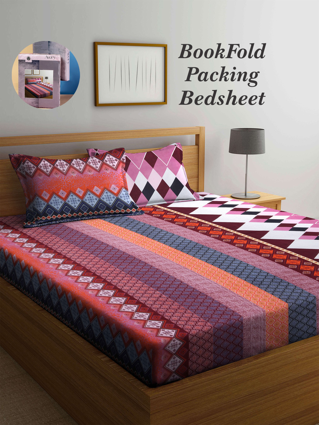 Arrabi Red Ethnic Motifs Polycotton 300 TC King Fine Bedsheet with 2 Pillow Covers-98 x 85 inches