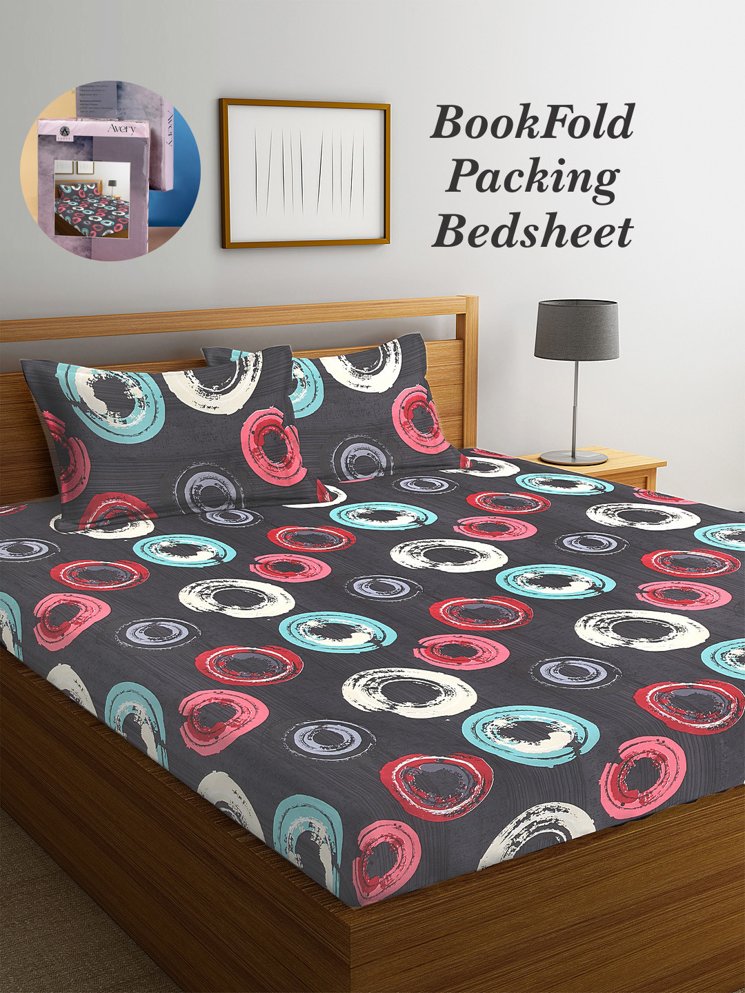 Arrabi Bookfold Black Geometric Polycotton 300 TC King Fine Bedsheet with 2 Pillow Covers-98 x 87 inches