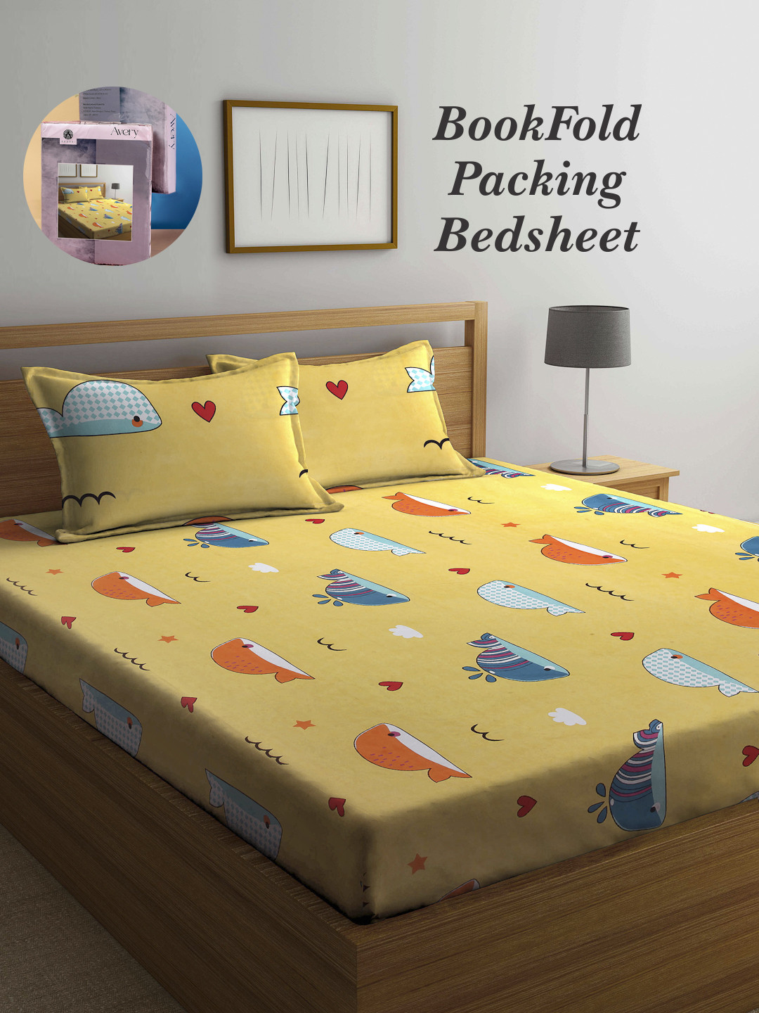 Arrabi Bookfold Yellow Conversational Cotton 300 TC Fitted King Fine Bedsheet with 2 Pillow Covers-98 x 87 inches