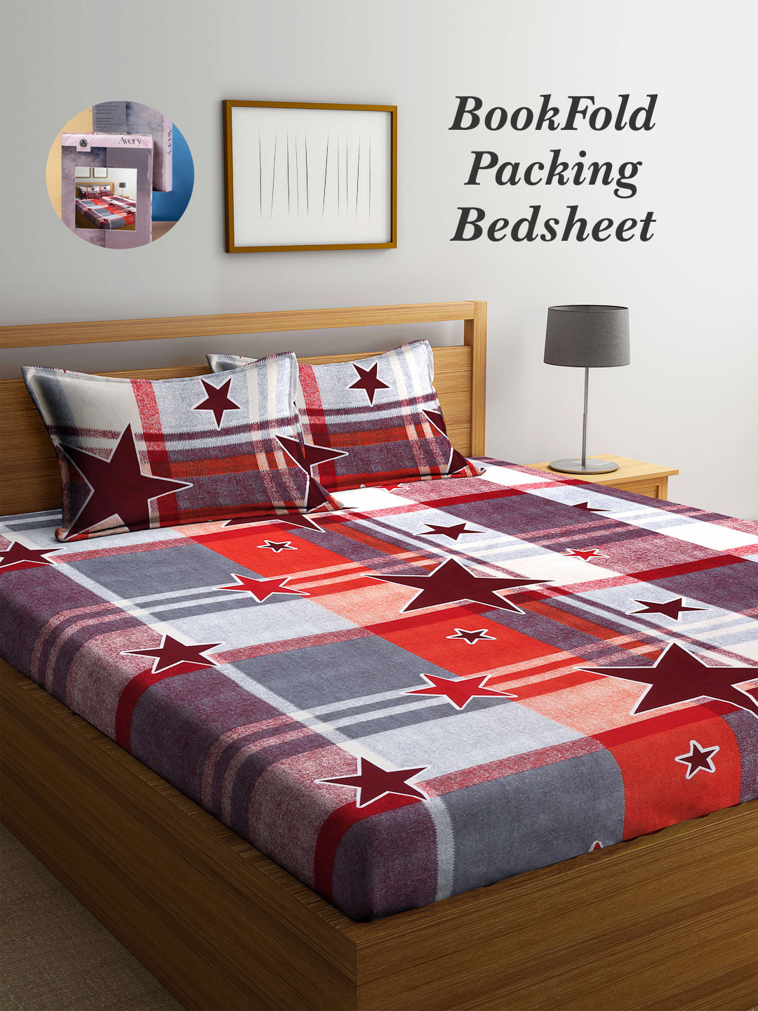 Arrabi Bookfold Red Graphic Polycotton 300 TC King Fine Bedsheet with 2 Pillow Covers-250 x 220 x 220 cm