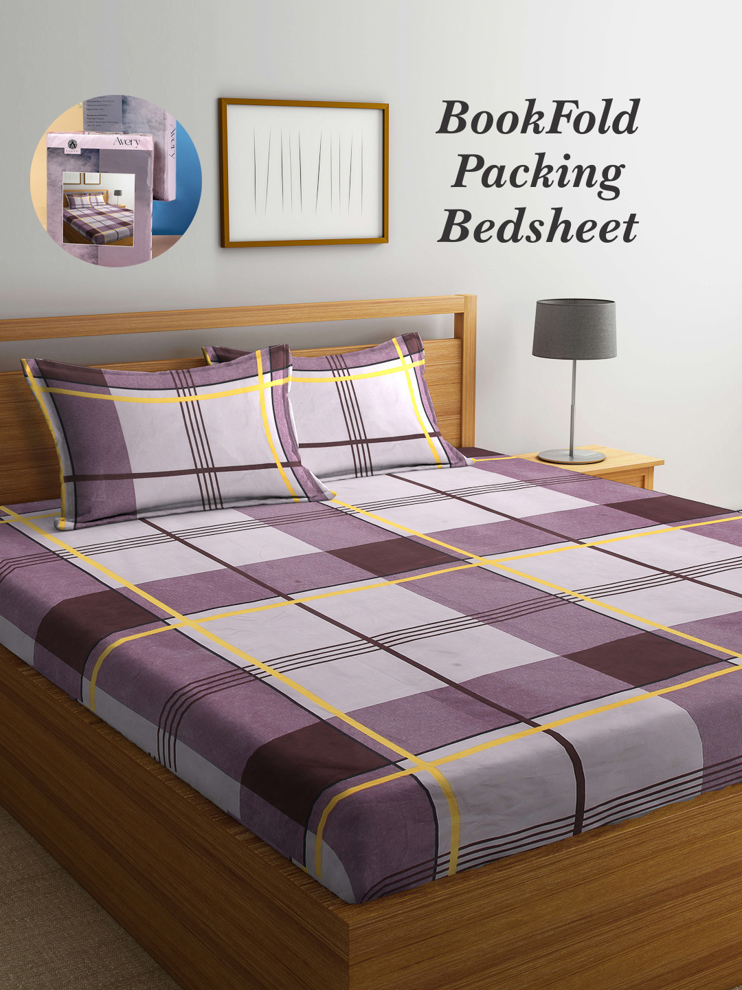 Arrabi Bookfold Purple Geometric Polycotton 300 TC King Fine Bedsheet with 2 Pillow Covers-98 x 87 inches