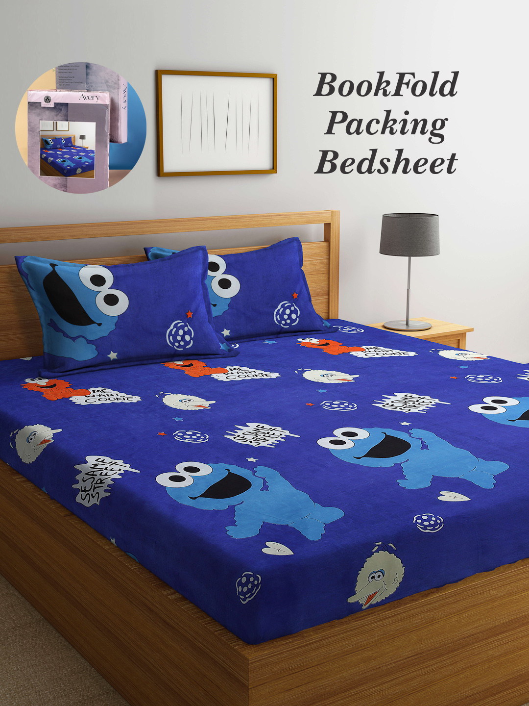 Arrabi Ida Blue Conversational Cotton 300 TC King Fine Bedsheet with 2 Pillow Covers-250 x 215 cm