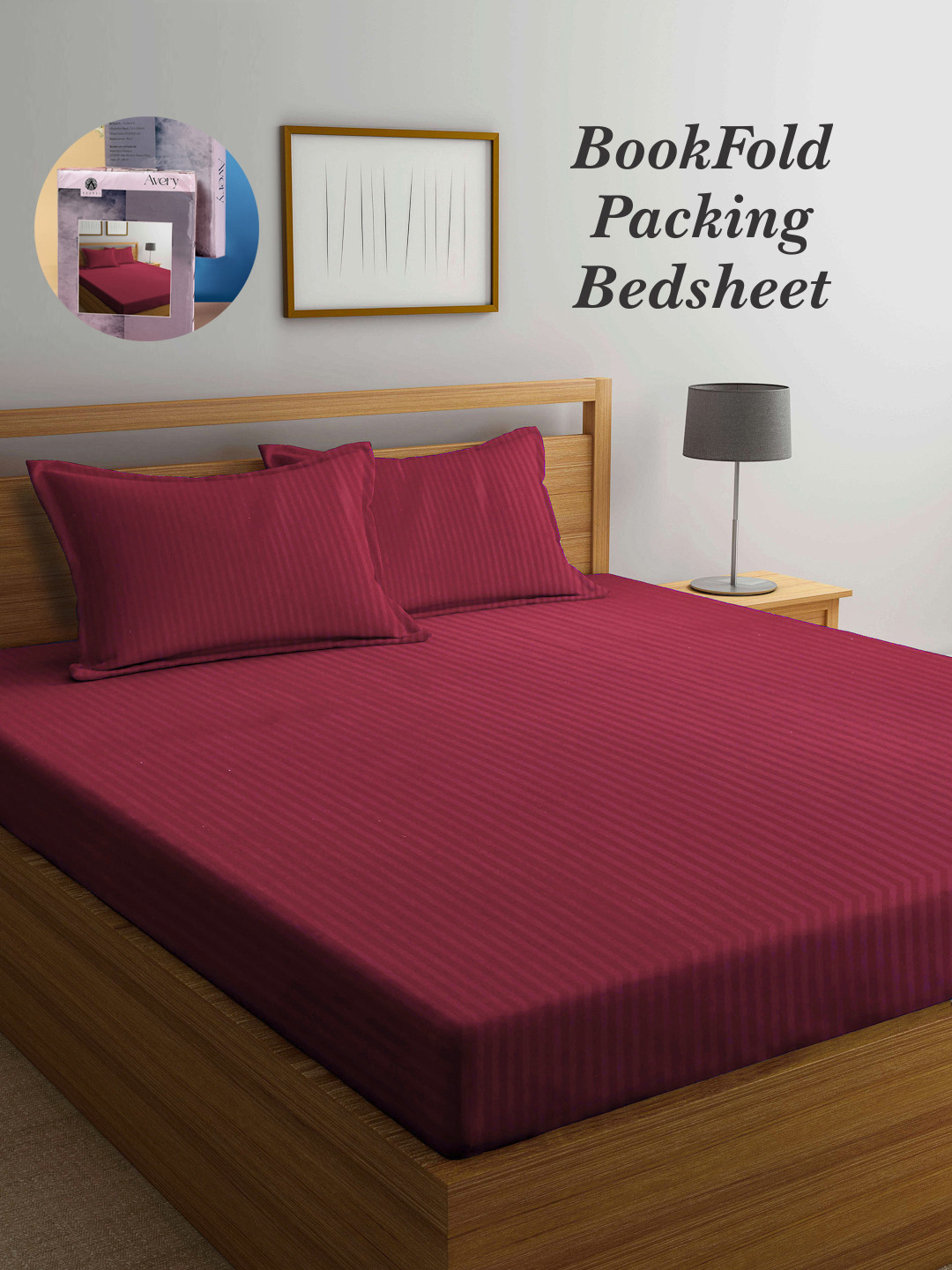 Arrabi Bookfold Red Striped Polycotton 300 TC King Fine Bedsheet with 2 Pillow Covers-98 x 87 inches