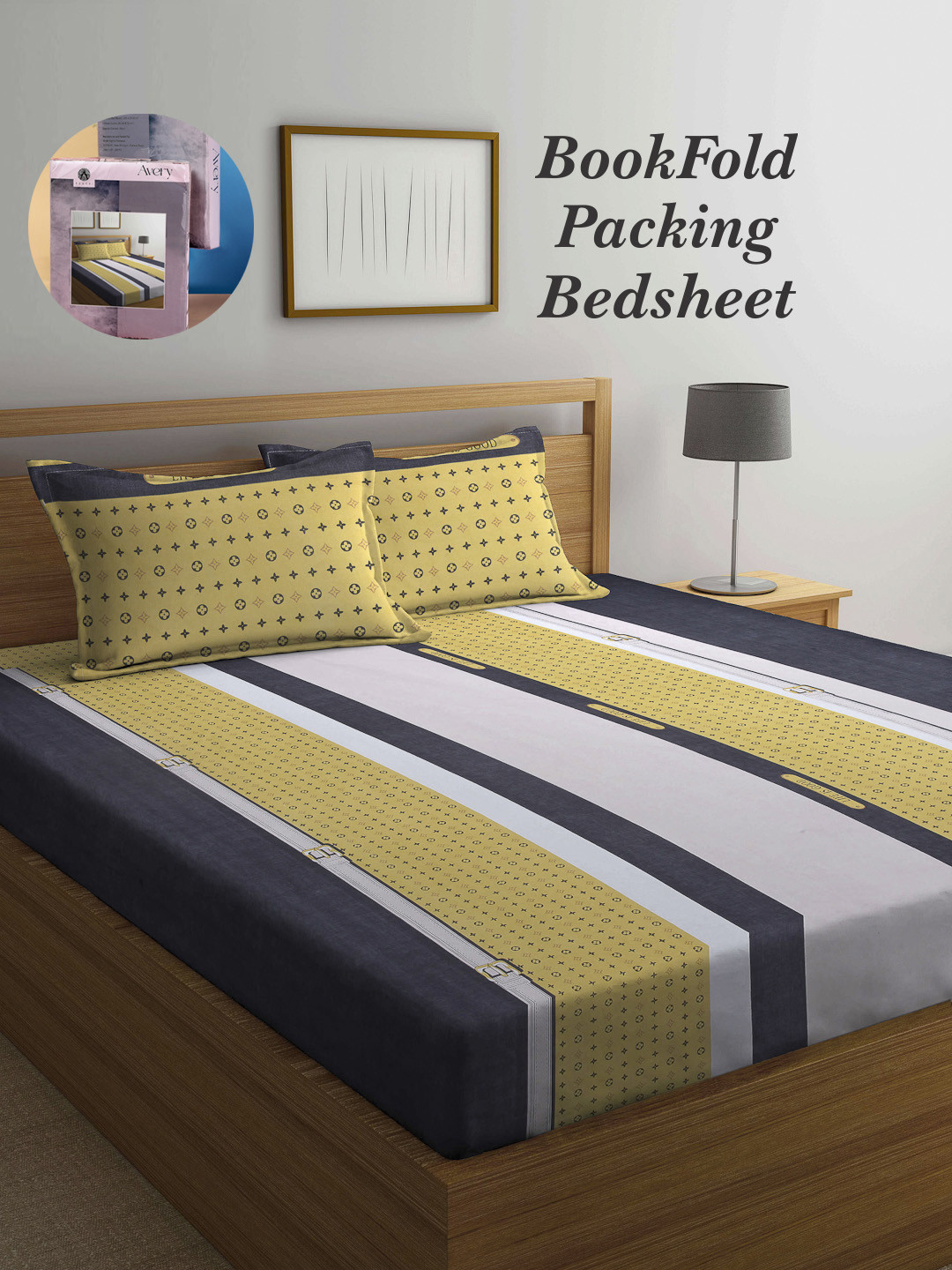 Arrabi Bookfold Yellow Striped Cotton 300 TC King Fine Bedsheet with 2 Pillow Covers-106 x 102 inches