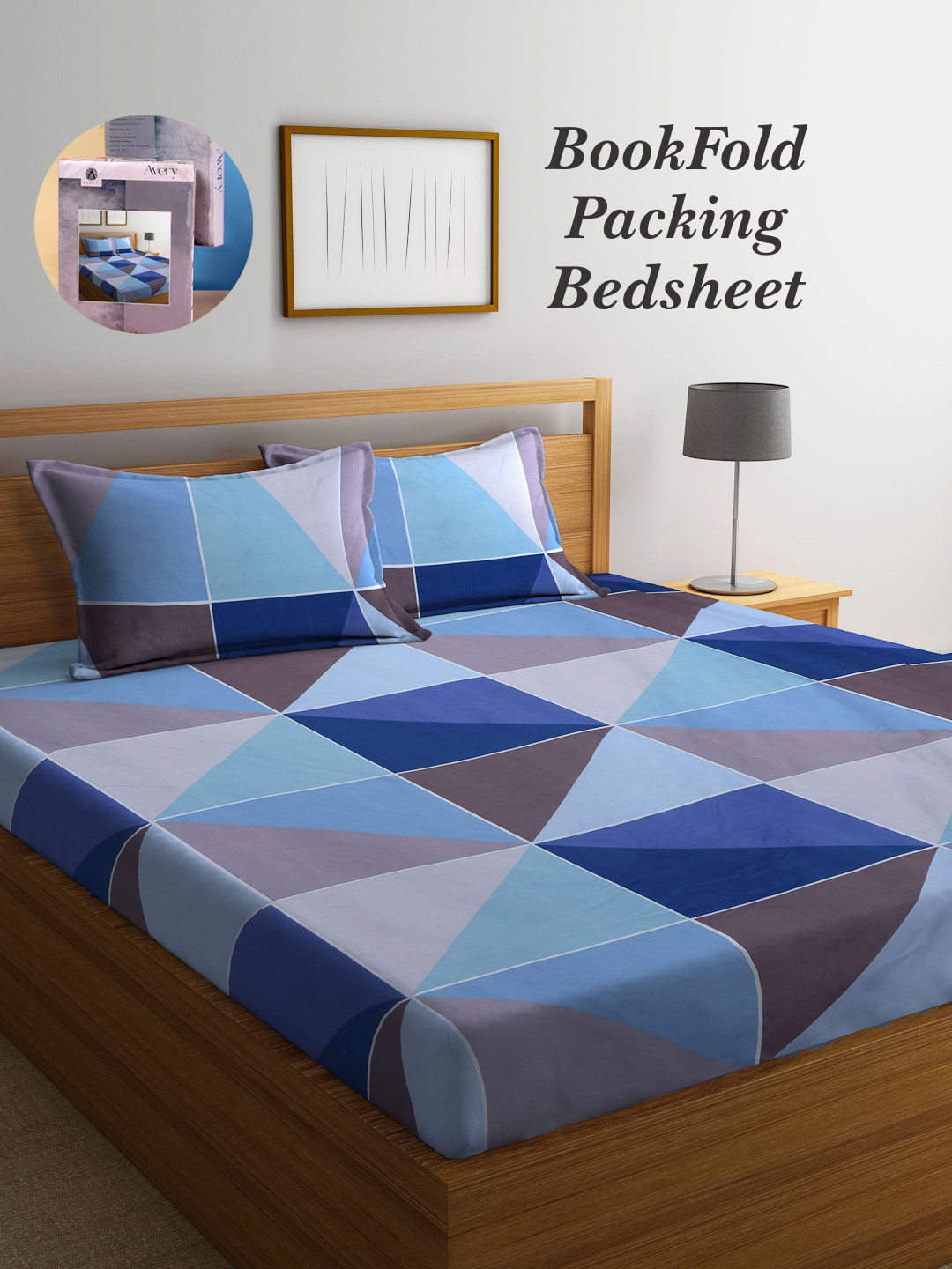 Arrabi Bookfold Blue Geometric Polycotton 300 TC King Fine Bedsheet with 2 Pillow Covers-59 x 87 inches