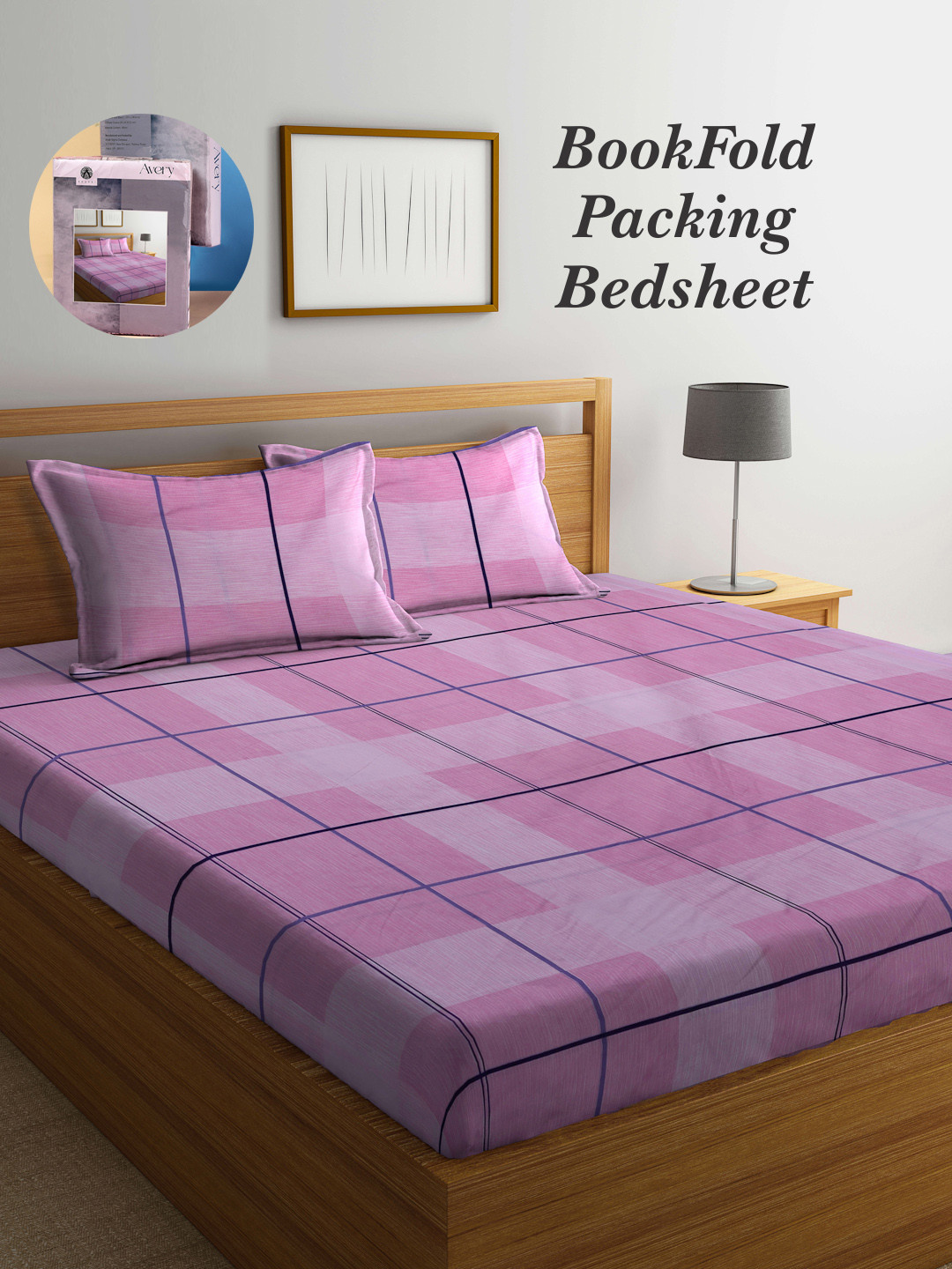 Arrabi Bookfold Pink Checked Polycotton 300 TC King Fine Bedsheet with 2 Pillow Covers-98 x 87 inches