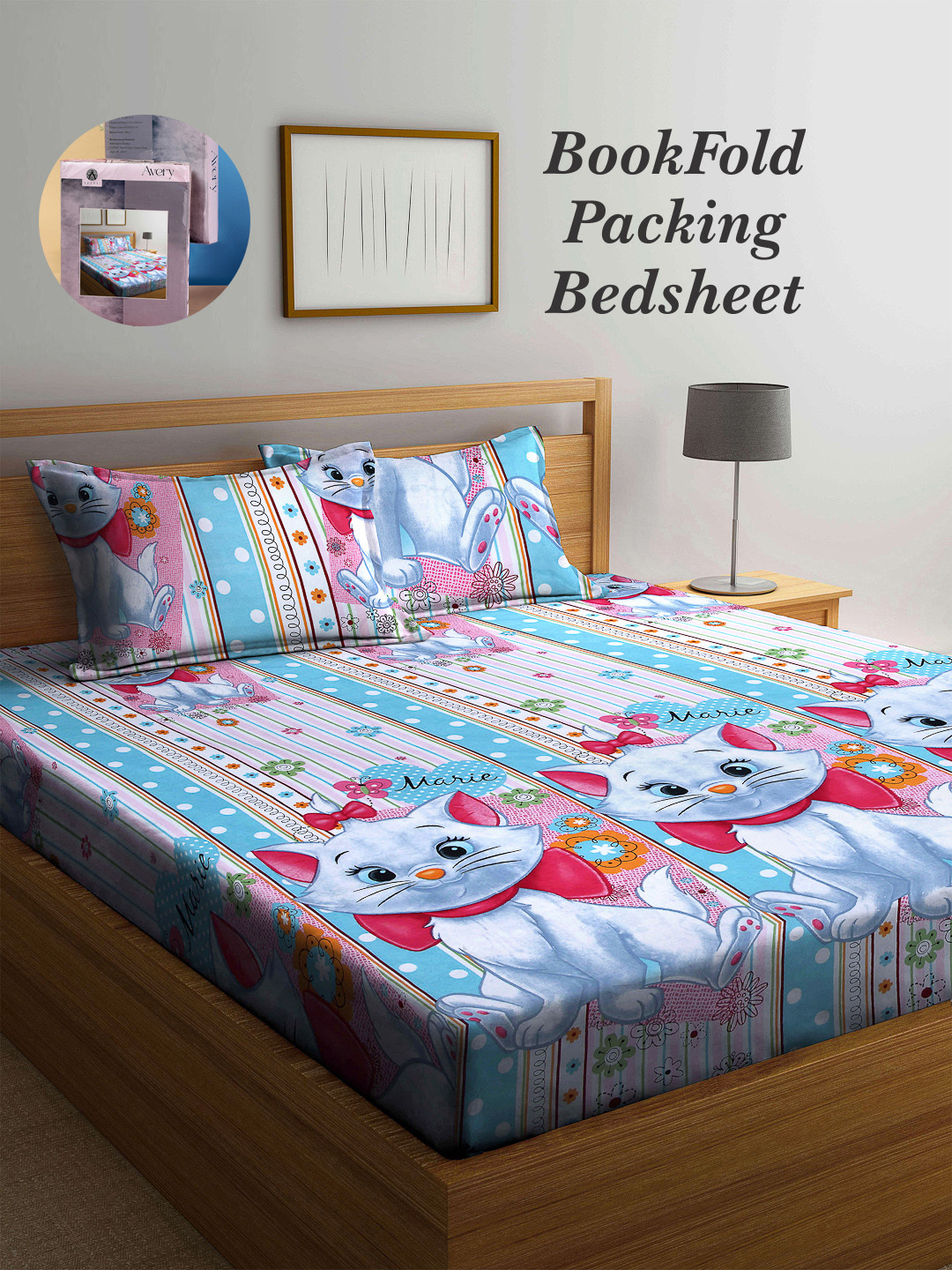 Arrabi Bookfold Blue Graphic Polycotton 300 TC King Fine Bedsheet with 2 Pillow Covers-98 x 106 inches