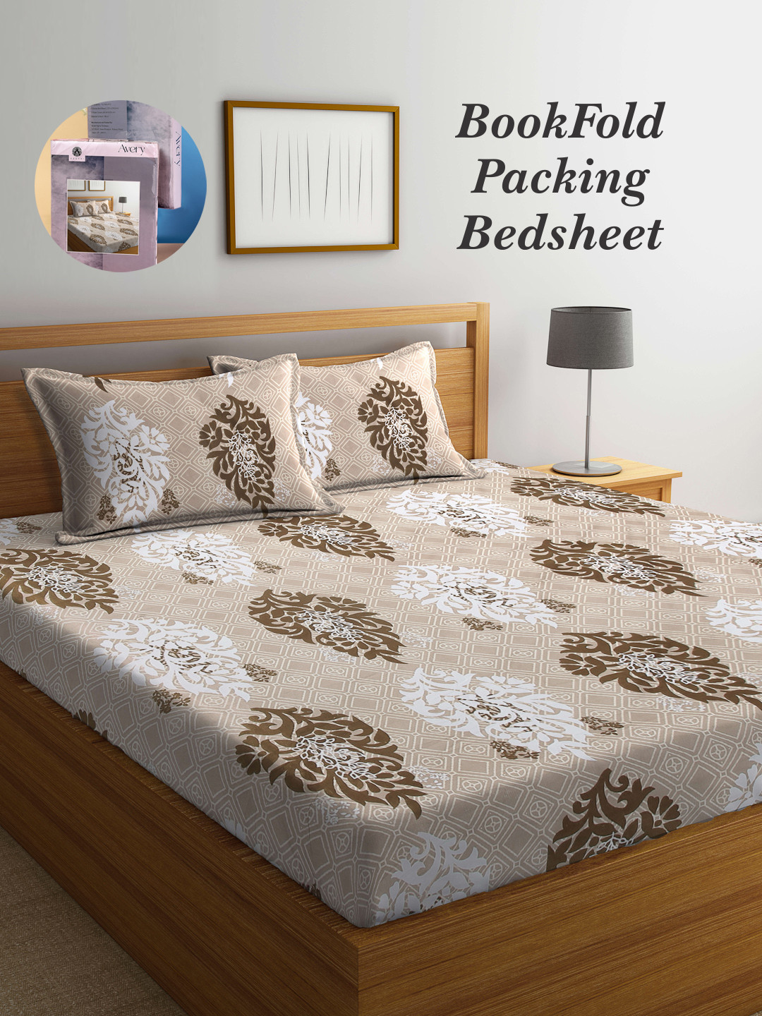 Arrabi Indian Beige Ethnic Motifs Polycotton 300 TC King Fine Bedsheet with 2 Pillow Covers-98 x 85 inches