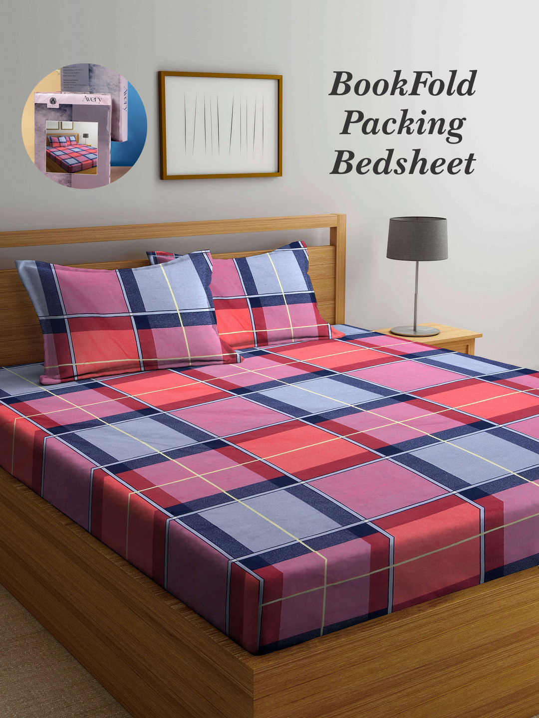 Arrabi Bookfold Blue Checked Cotton 300 TC King Fine Bedsheet with 2 Pillow Covers-98 x 85 inches