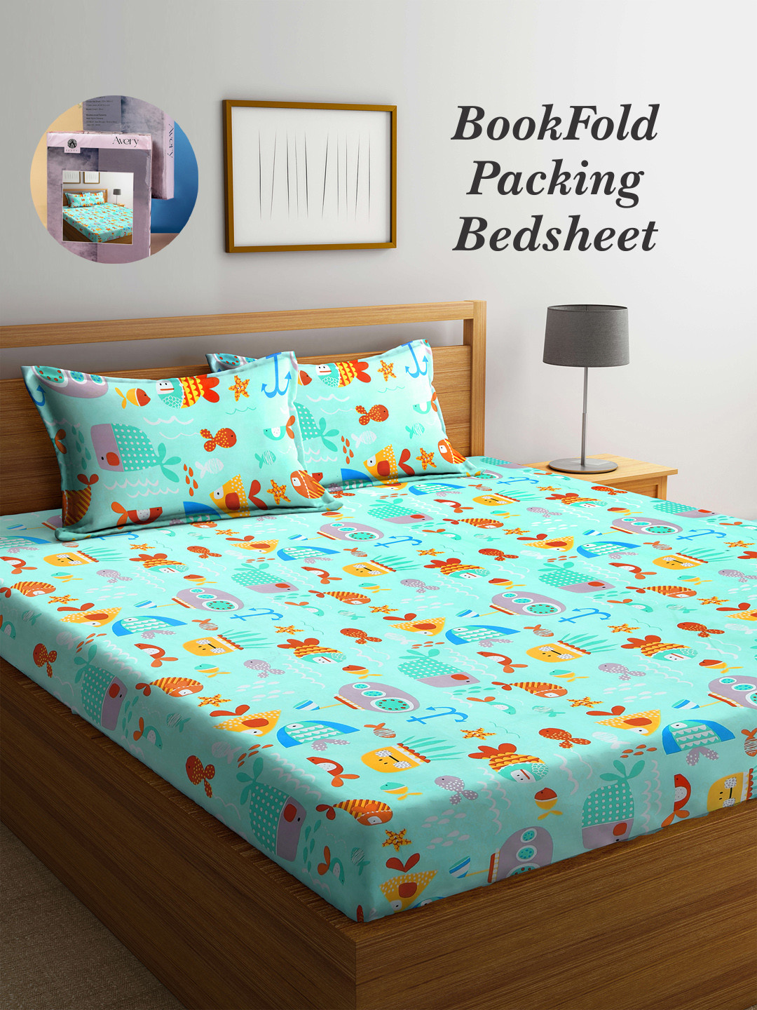 Arrabi Bookfold Turquoise Blue Conversational Cotton 300 TC Fitted King Fine Bedsheet with 2 Pillow Covers-106 x 102 inches