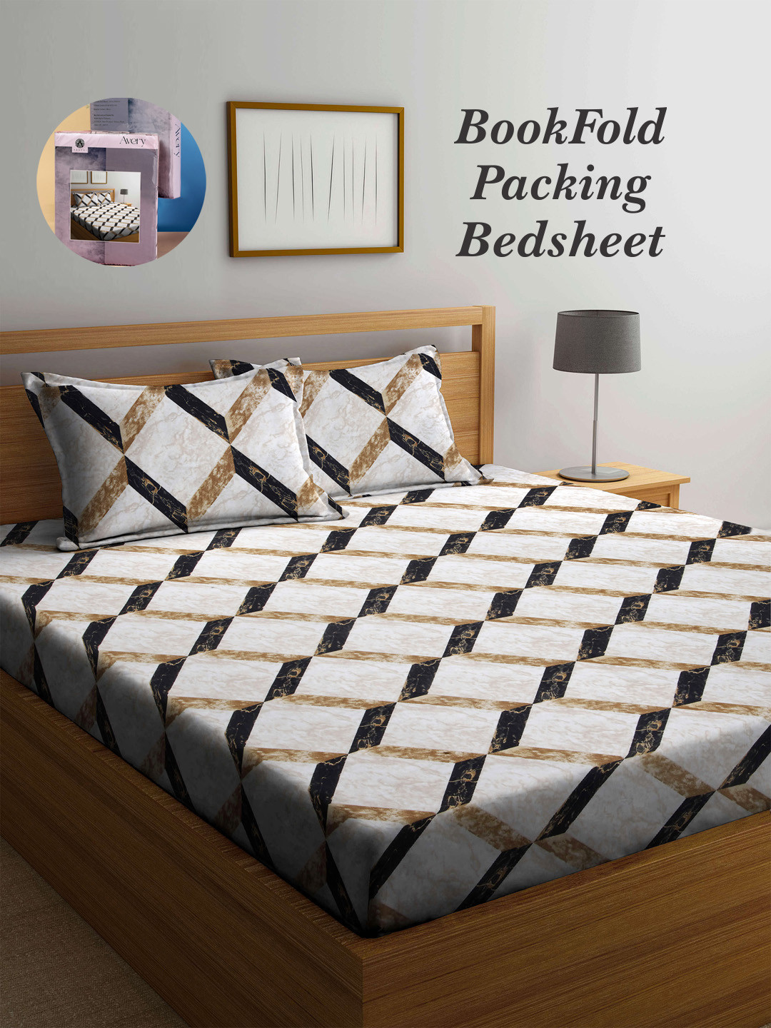 Arrabi Brown Geometric Cotton 300 TC King Fine Bedsheet with 2 Pillow Covers-98 x 98 inches