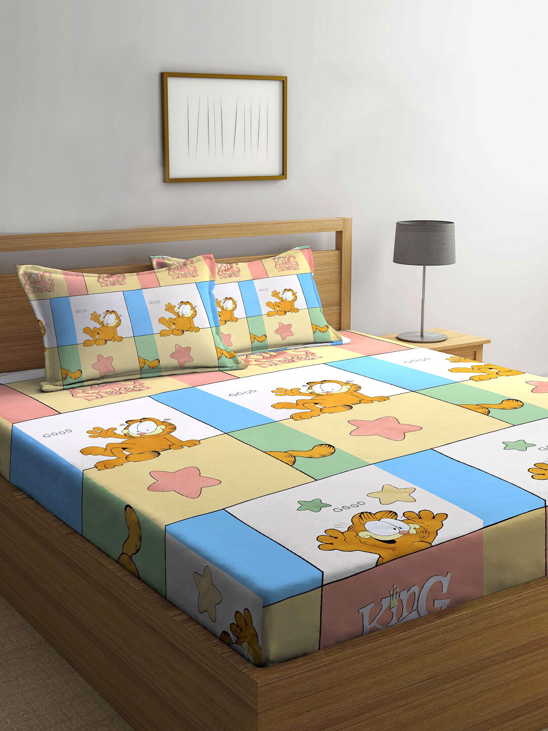 Arrabi Bookfold Yellow Conversational Polycotton 300 TC King Fine Bedsheet with 2 Pillow Covers-98 x 87 inches