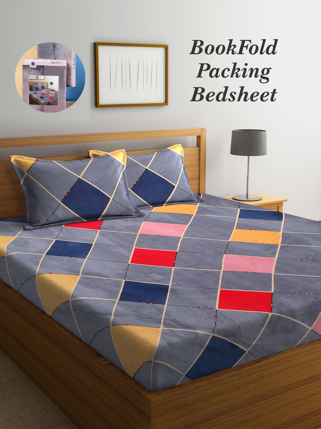 Arrabi Bookfold Grey & Red Geometric Printed 300 TC King Bedsheet & Pillow Covers