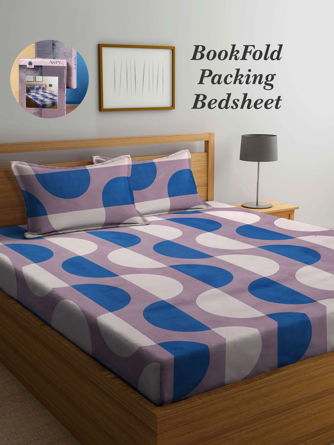Arrabi Bookfold Blue Abstract Polycotton 300 TC King Fine Bedsheet with 2 Pillow Covers-106 x 102 inches