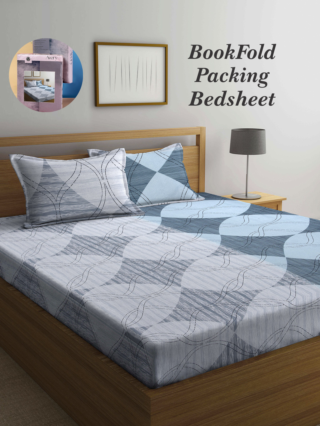 Arrabi Bookfold Grey Graphic Polycotton 300 TC King Fine Bedsheet with 2 Pillow Covers-106 x 102 inches