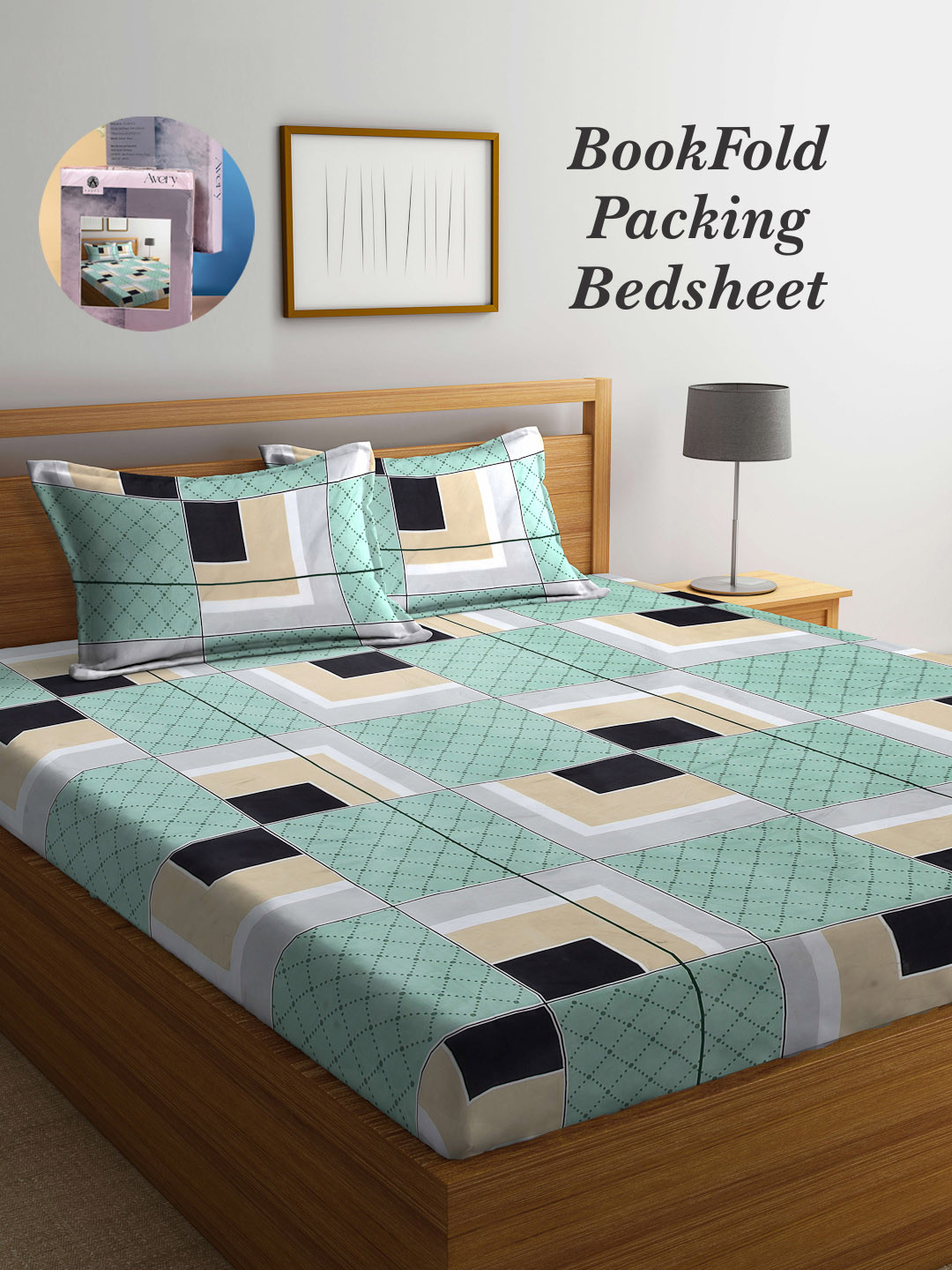 Arrabi Bookfold Green Geometric Polycotton 300 TC King Fine Bedsheet with 2 Pillow Covers-98 x 85 inches