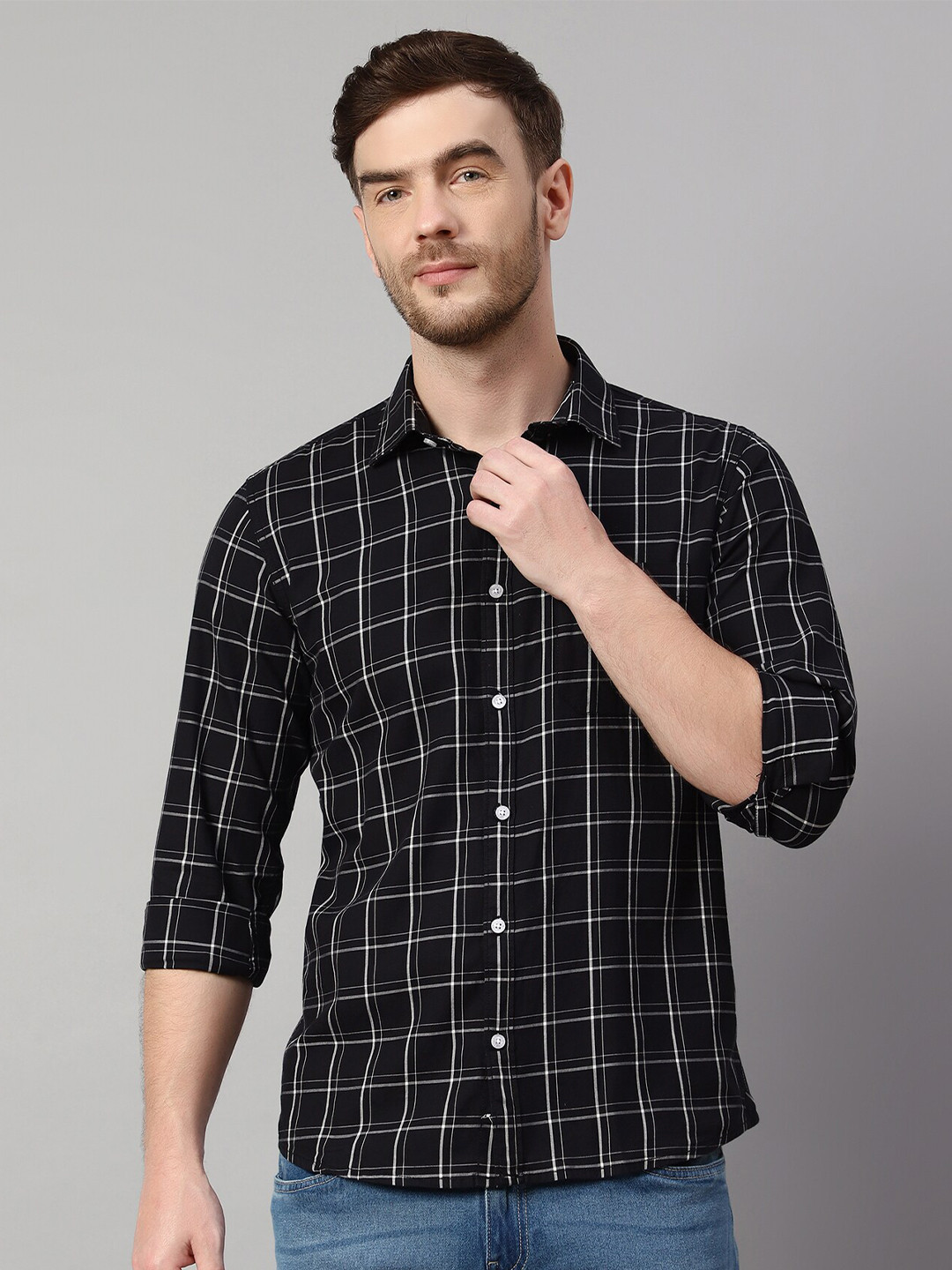 Cantabil Windowpane Checks Cotton Casual Shirt