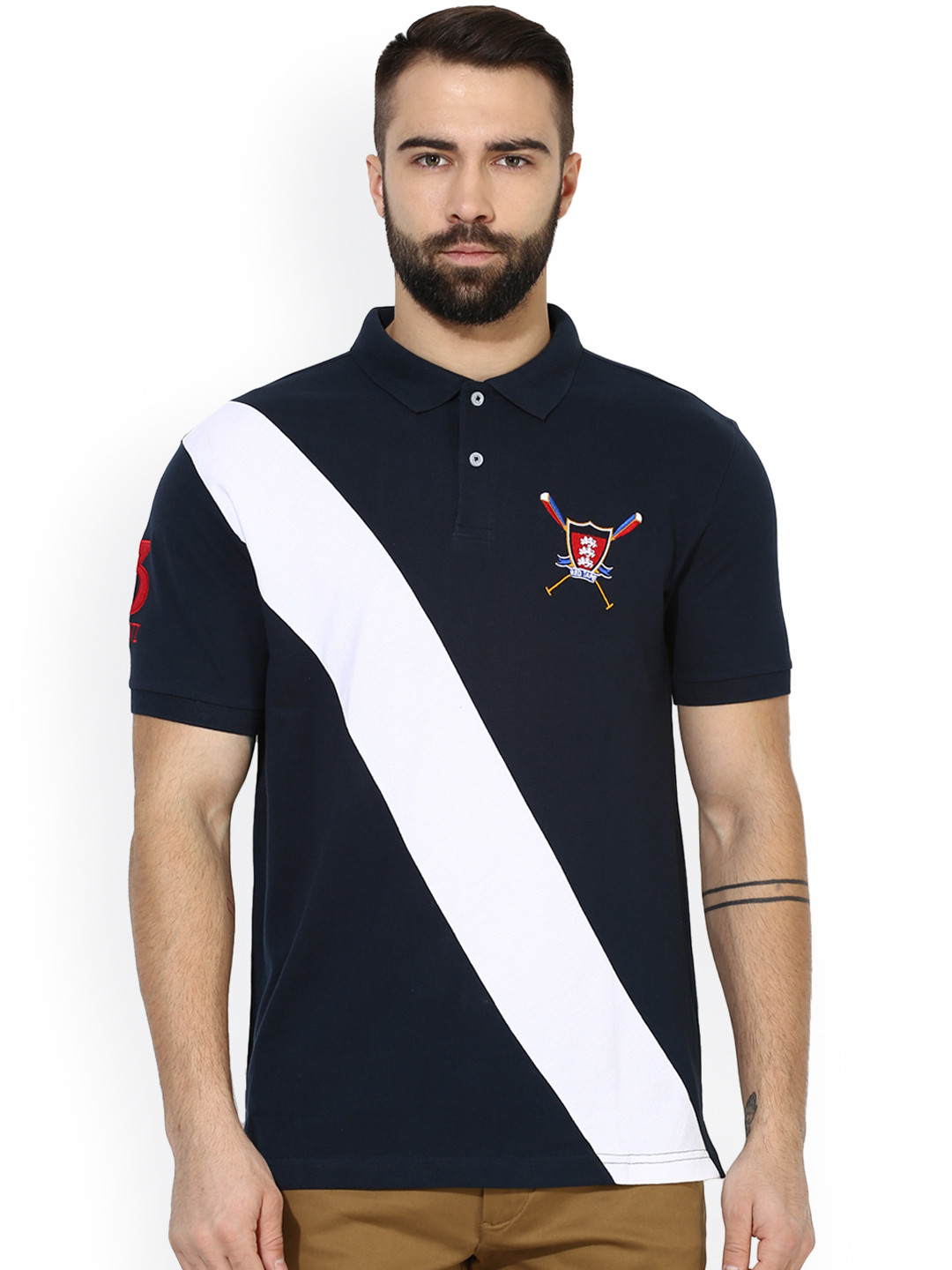 Men Navy Blue Solid Polo Collar 