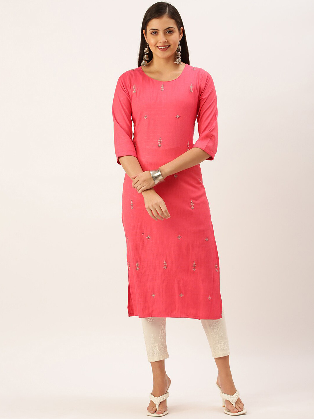 SHOWOFF Women Pink Embroidered Thread Work Pastels Kurta