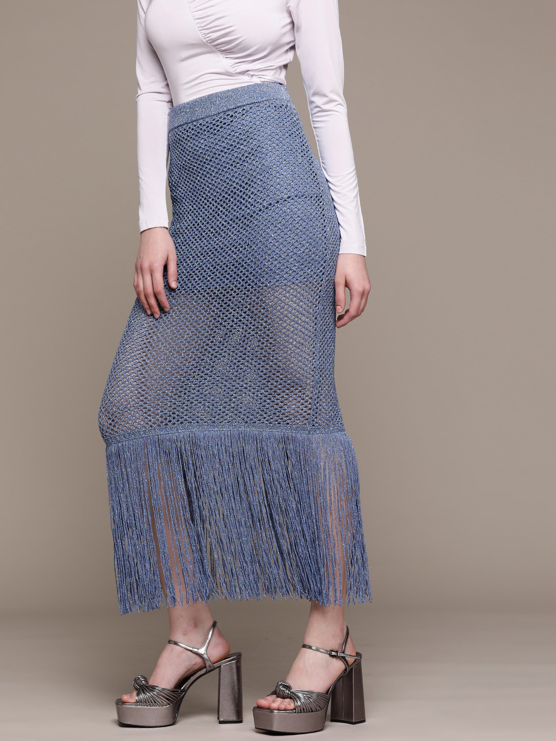 MANGO Fringed Detail Open Knit Sheer Straight Skirt