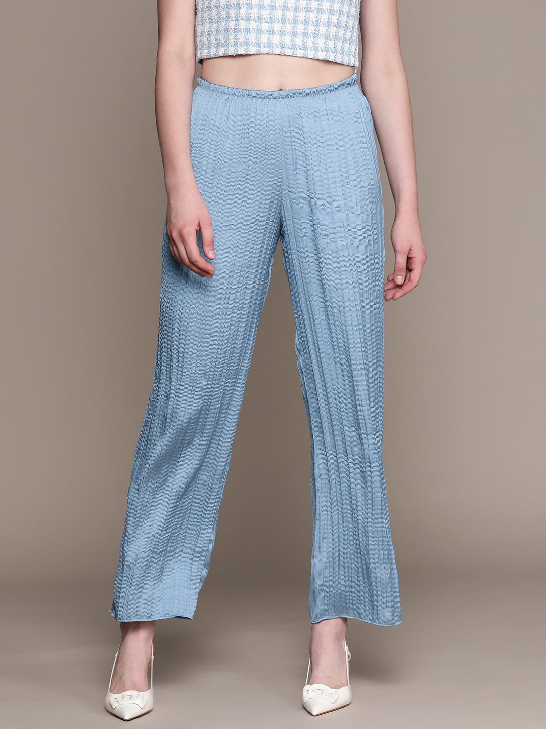 MANGO Women Crinkled Detail High-Rise Parallel Trousers
