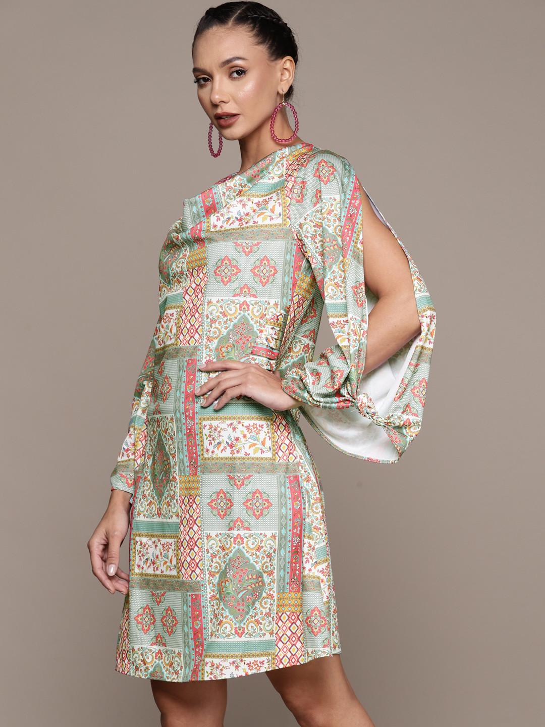 aarke Ritu Kumar Ethnic Motifs Print Cowl Neck Slit Sleeve A-Line Dress