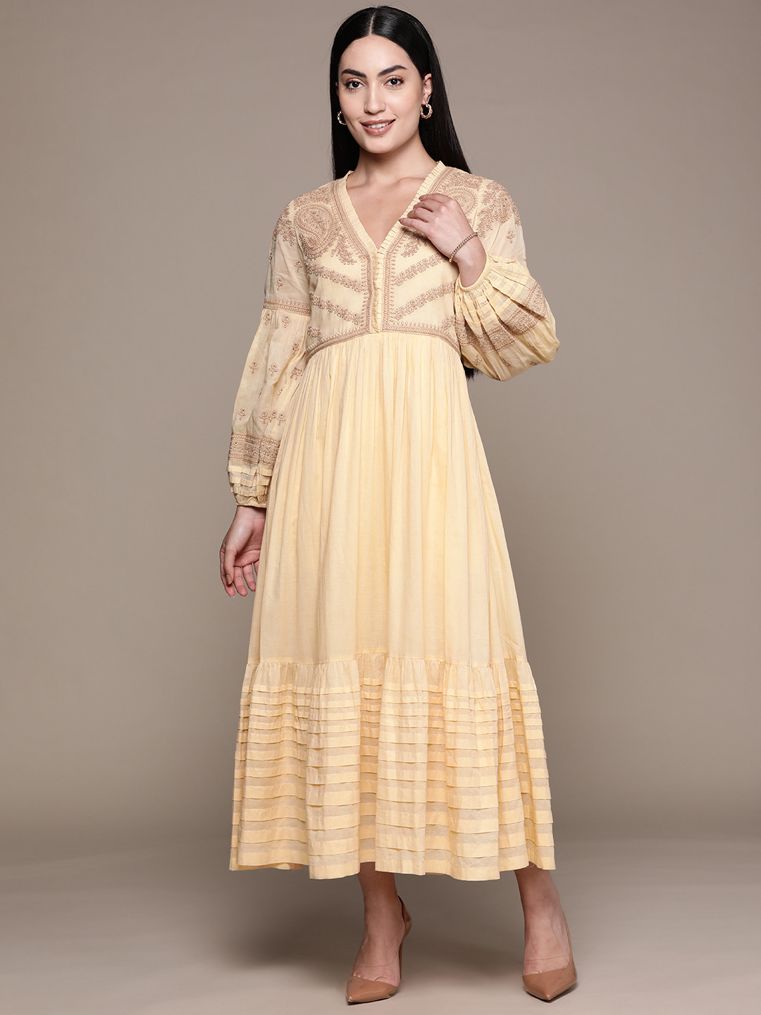 Ritu Kumar Beige Embroidered Tiered Long Dress