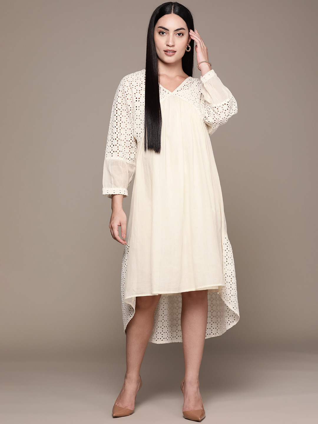 Off White Gathered Schiffli Short Dress