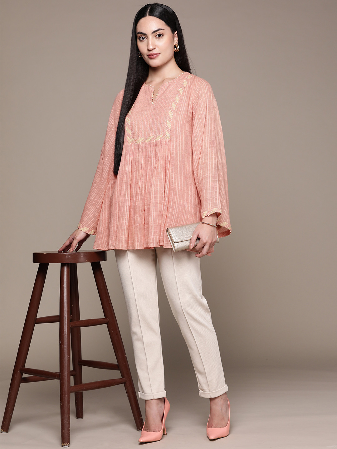 Ritu Kumar Embroidered Flared Sleeves Pure Cotton Pleated Kurti