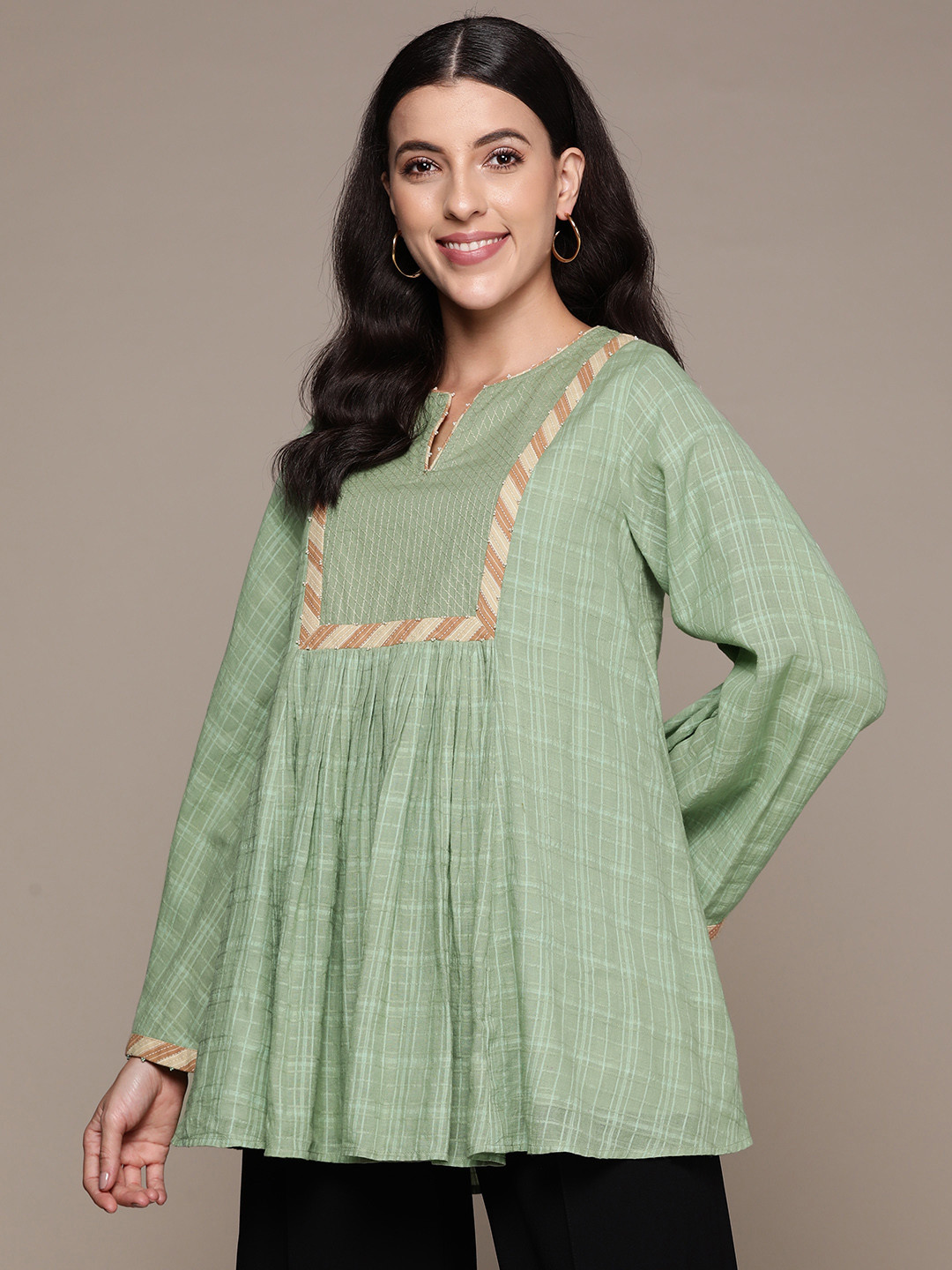 Ritu Kumar Embroidered Flared Sleeves Pure Cotton Pleated Kurti
