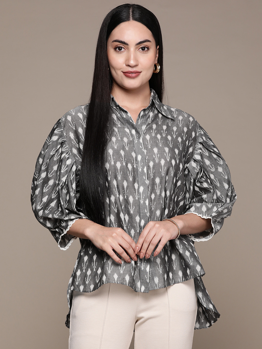 Ritu Kumar Geometric Print Puff Sleeves Cotton Top