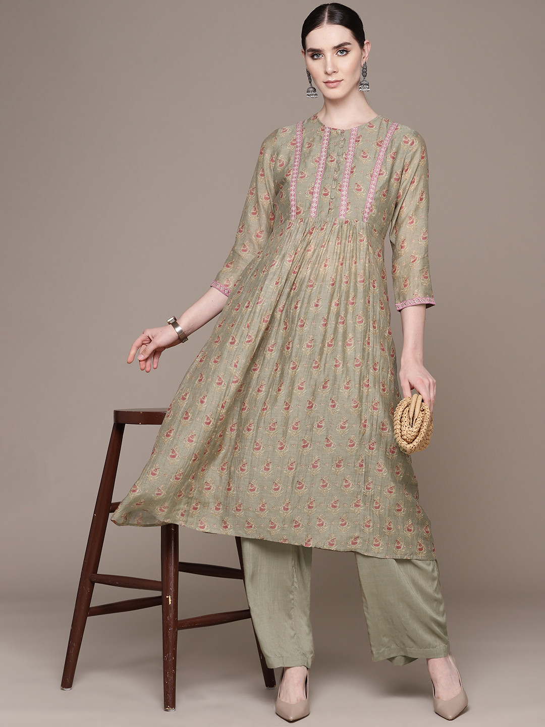 Ritu Kumar Women Ethnic Motifs Printed Pleated Kurta with Palazzos