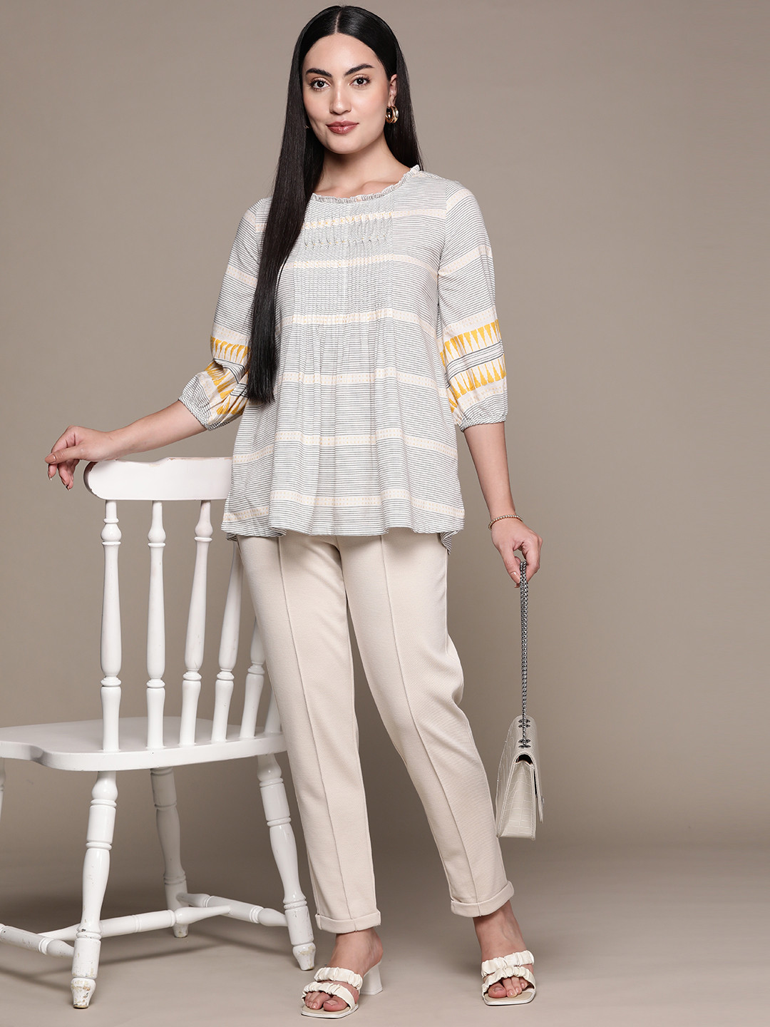 Ritu Kumar Striped Puff Sleeves Cotton Longline Top