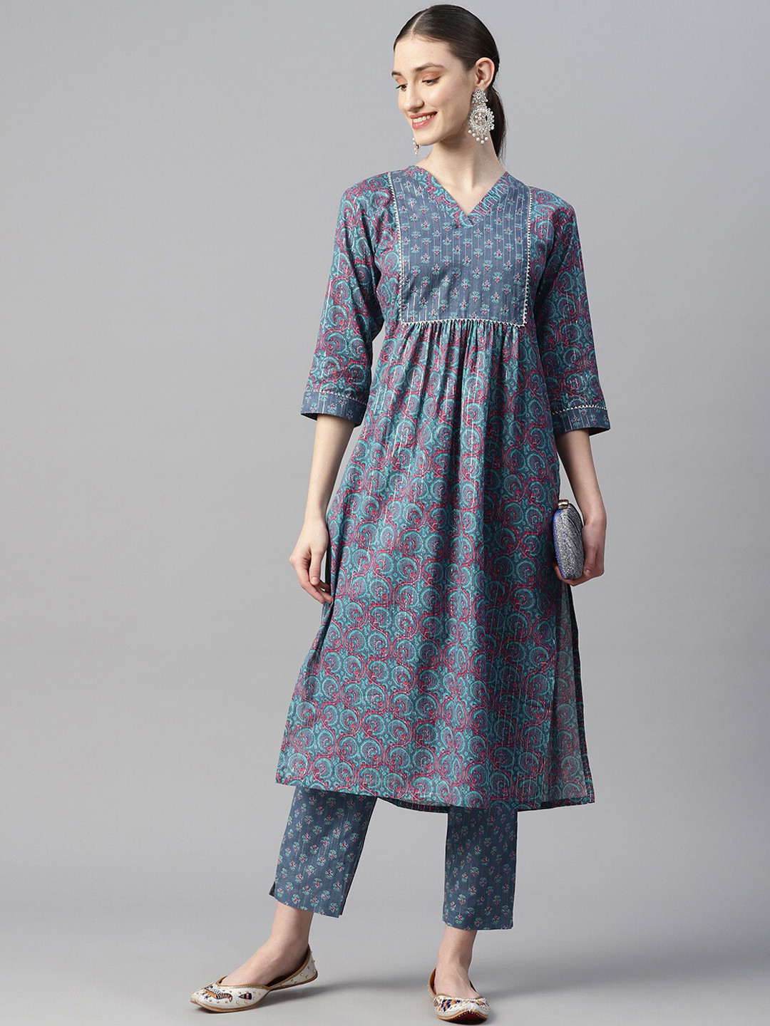 Indibelle Ethnic Motifs  Printed Gotta Patti A-Line Screen Print Cotton Kurta