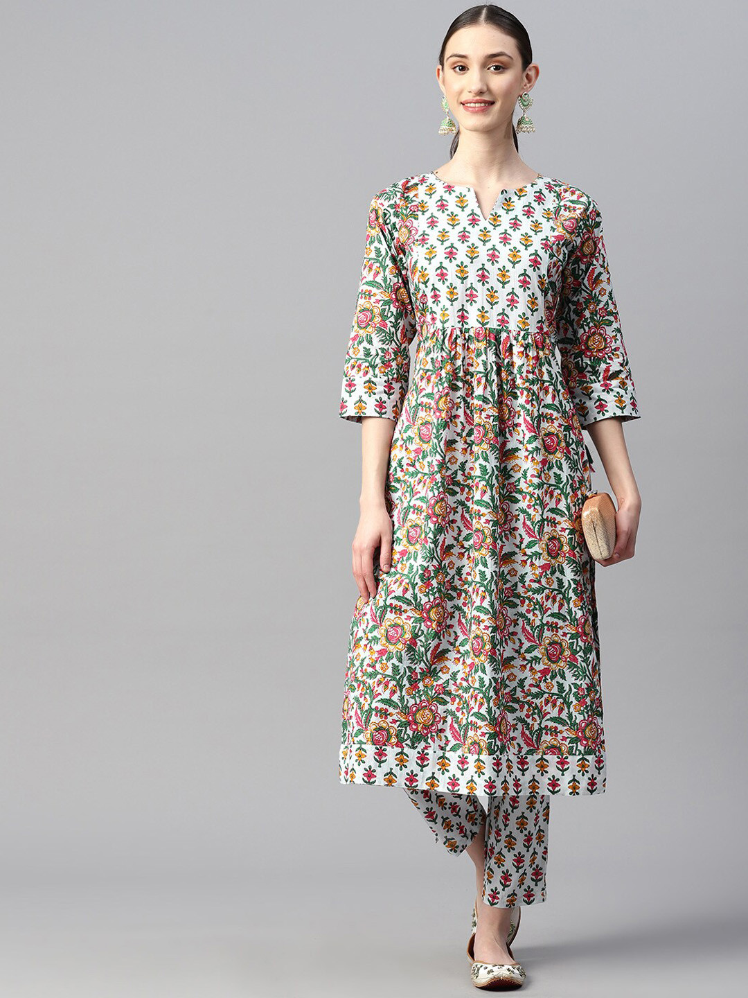 Indibelle Plus Size Floral Printed Notched Screen Print Neck A-Line Pure Cotton Kurta