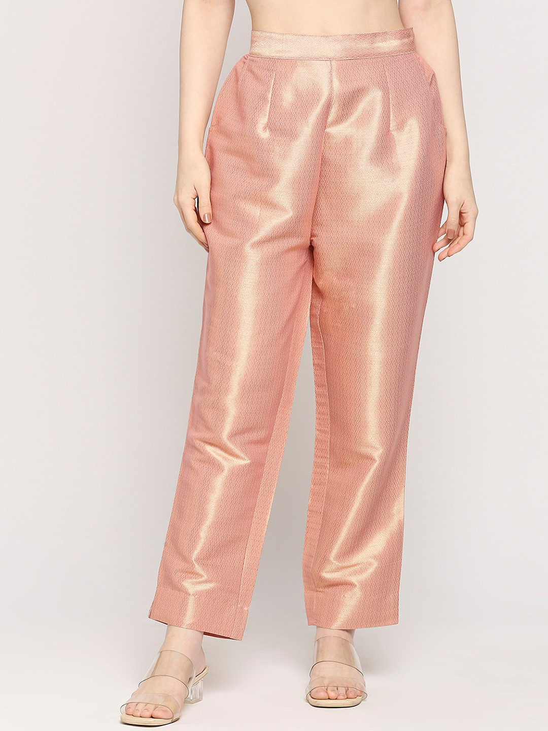 Cloth Haus India Women Relaxed Straight Leg Sheen Self Design Brocade Parallel Trousers