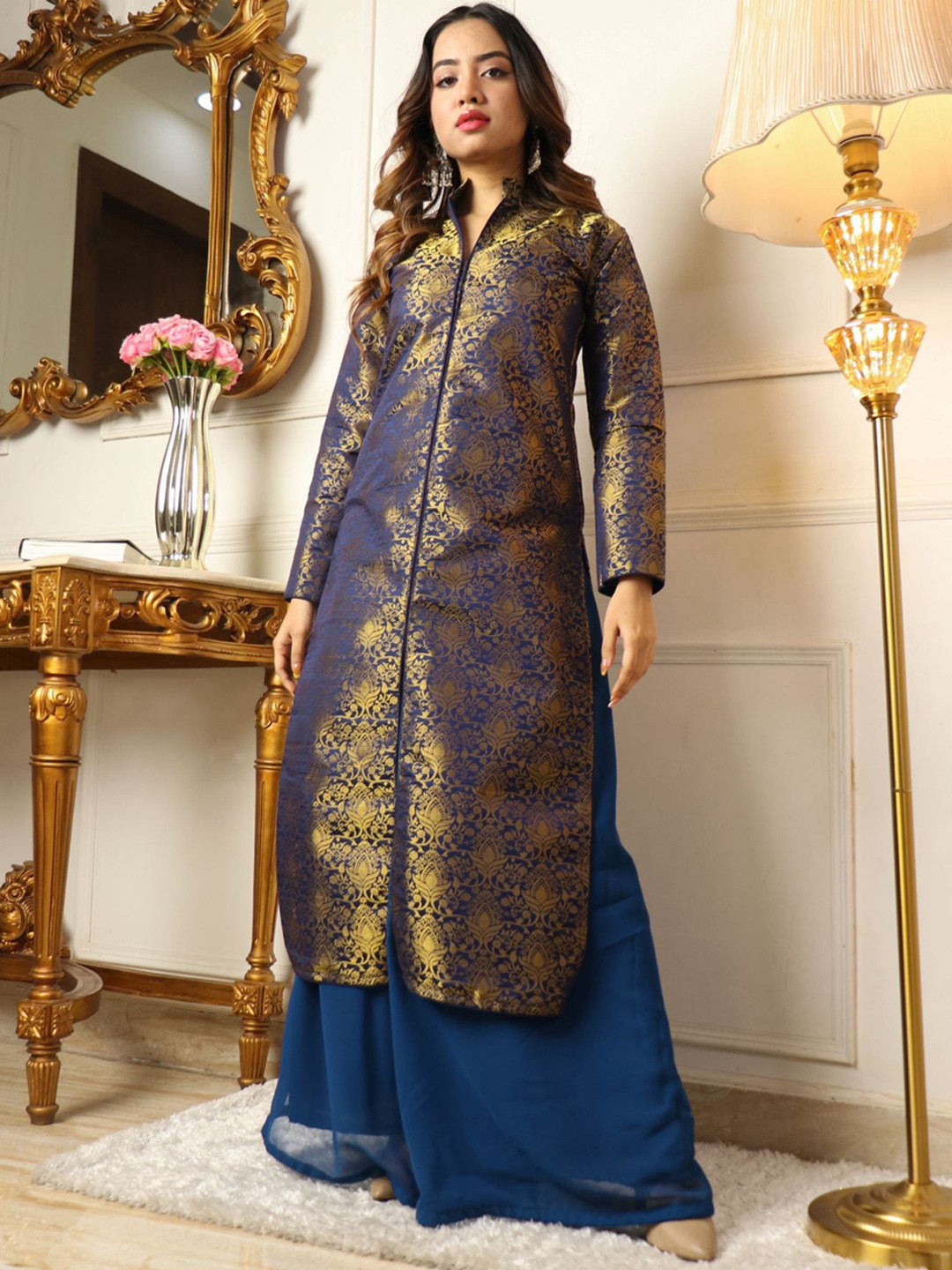 Vidraa Western Store Woven Design Mandarin Collar Kurta with Palazzos