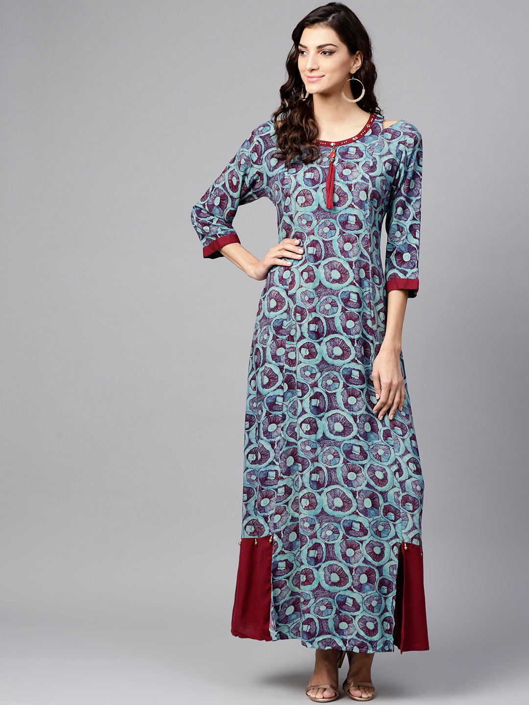 Shree Women Blue & Burgundy Printed Cold Shoulder Maxi Dress