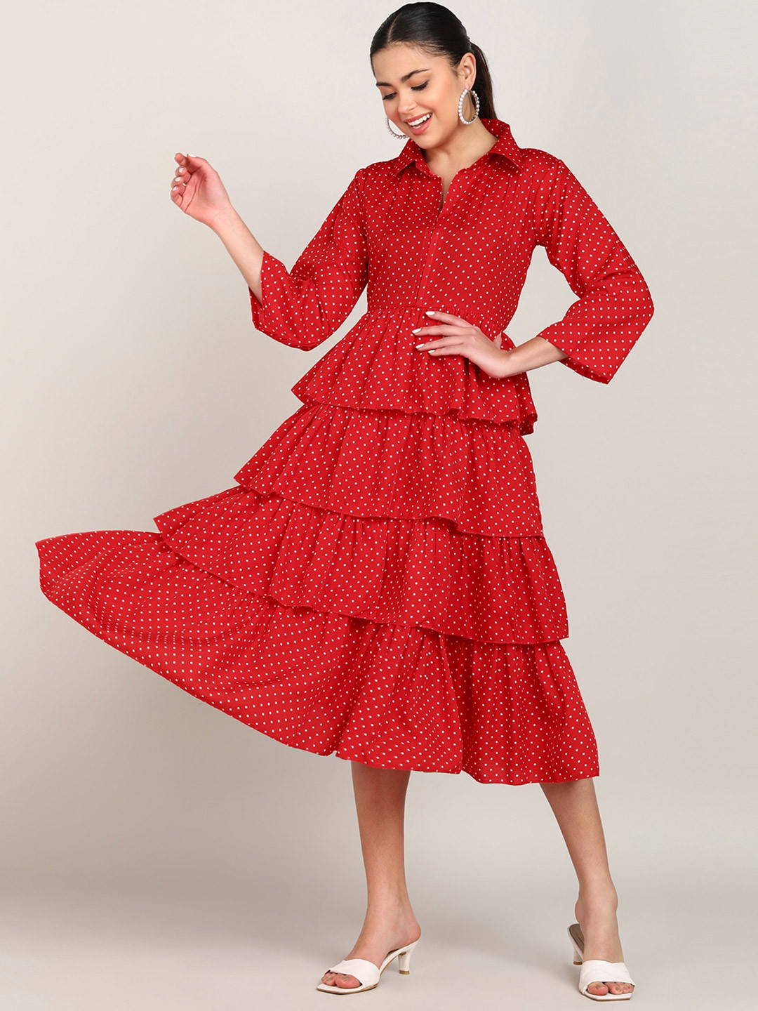 VAHSON Shirt Collar Polka Dot Printed Layered Crepe Fit & Flare Midi Dress