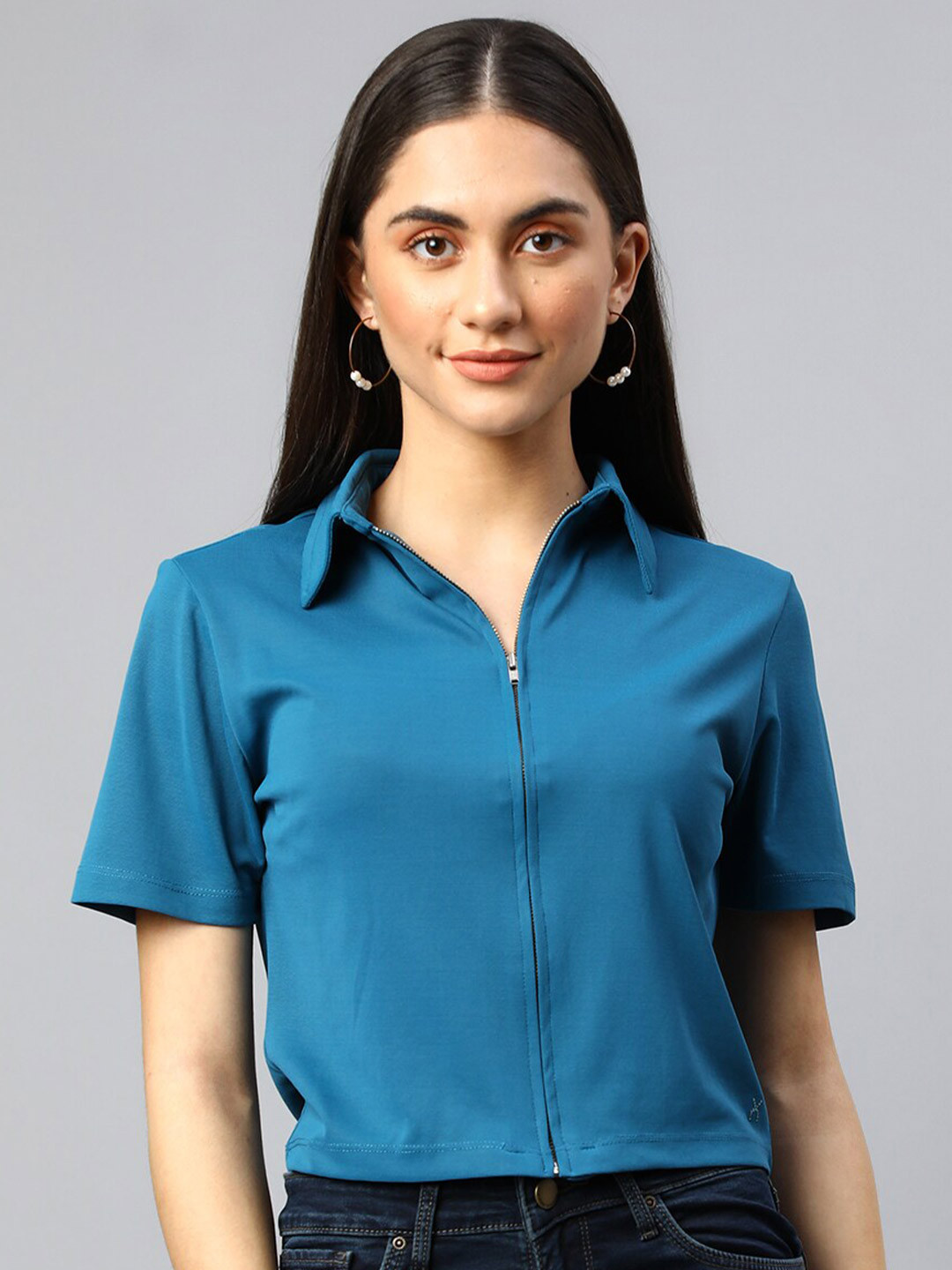Xpose Zip up Short Sleeves Crop Top