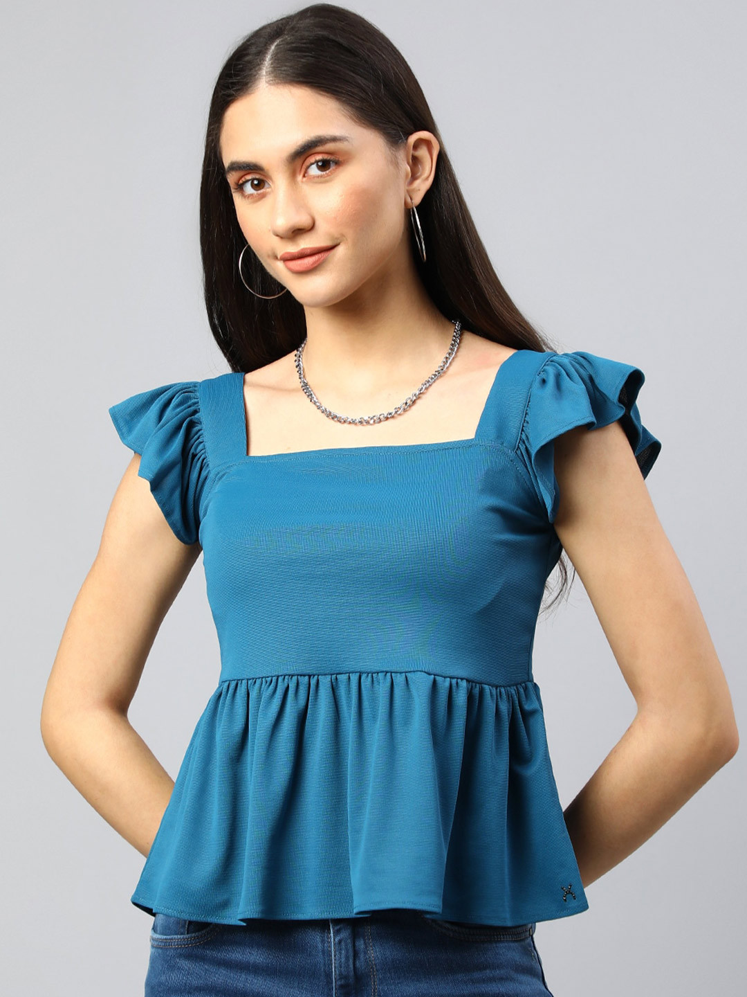 Xpose Square Neck Flutter Sleeves Peplum Top