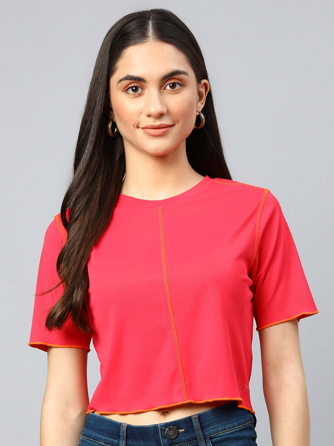 Xpose Pop Stitch Round Neck Crop Top