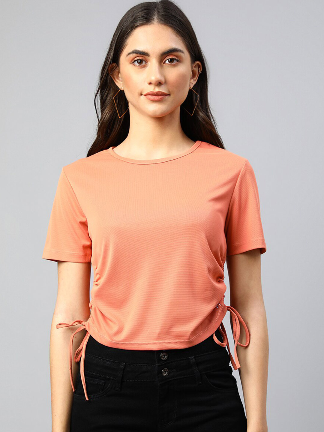 Xpose Round Neck Side Tie Ups Ruched Crop Top