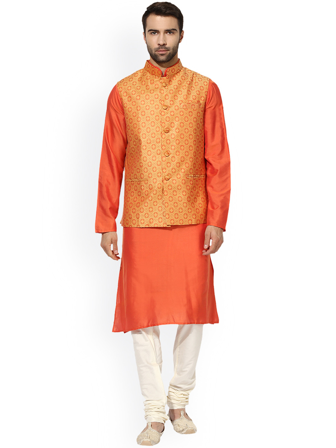 KISAH Men Orange & Off-White Self-Design Churidar Kurta with Nehru Jacket