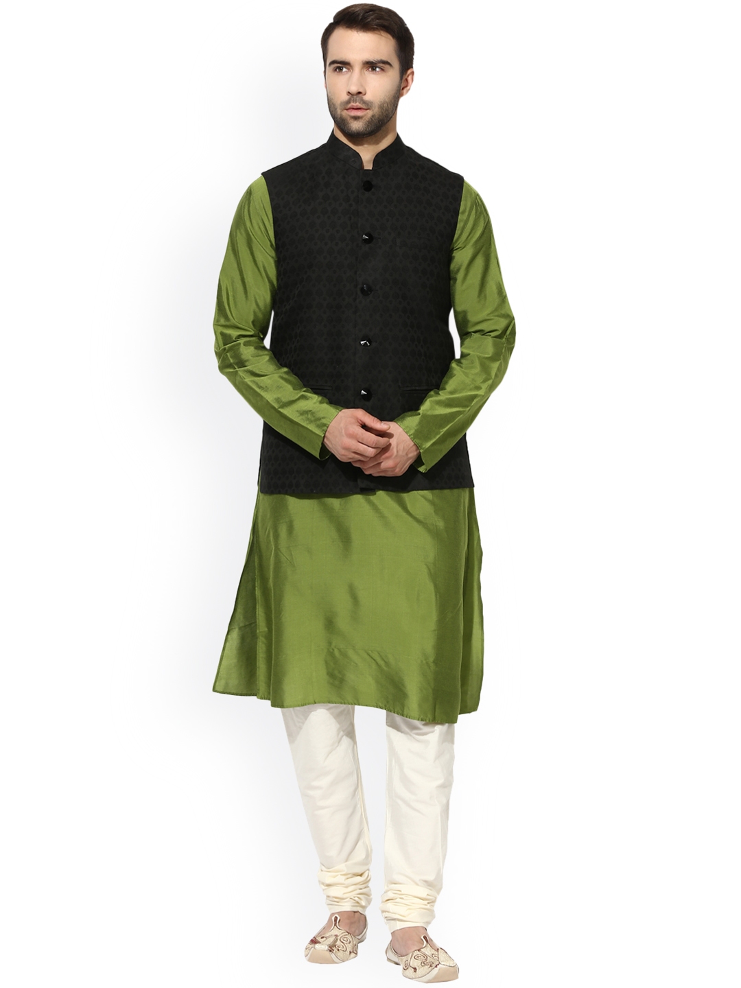 Dark green kurta hot sale with waistcoat