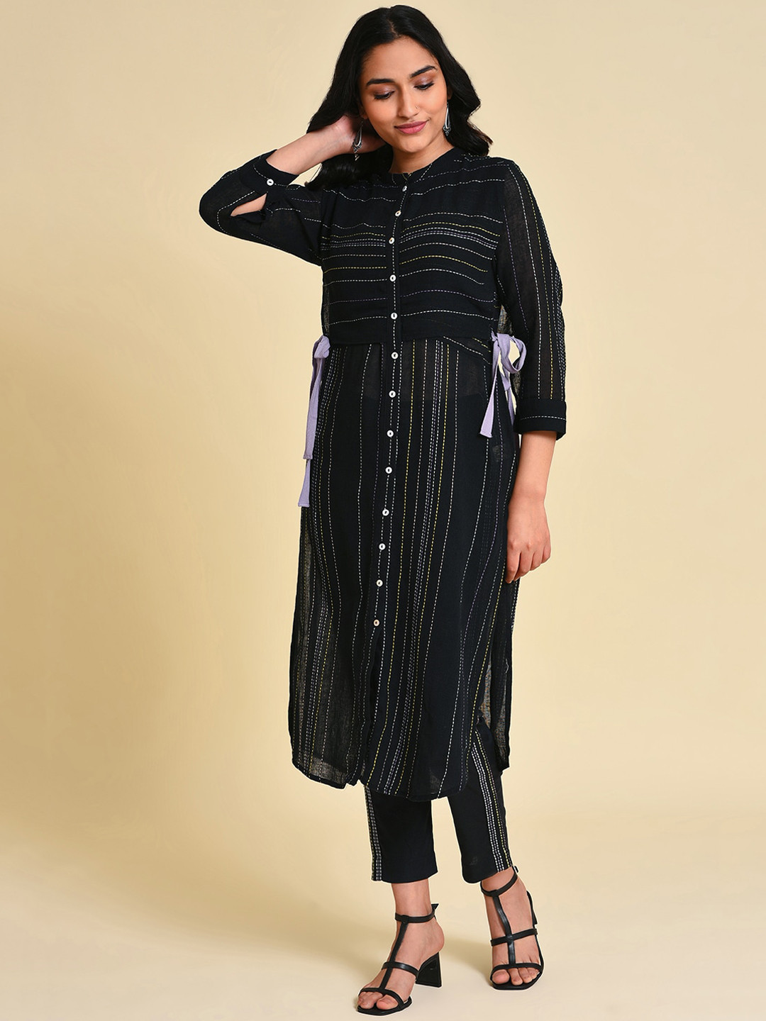 W Mandarin Collar Semi Sheer Thread Work Straight Cotton Kurta