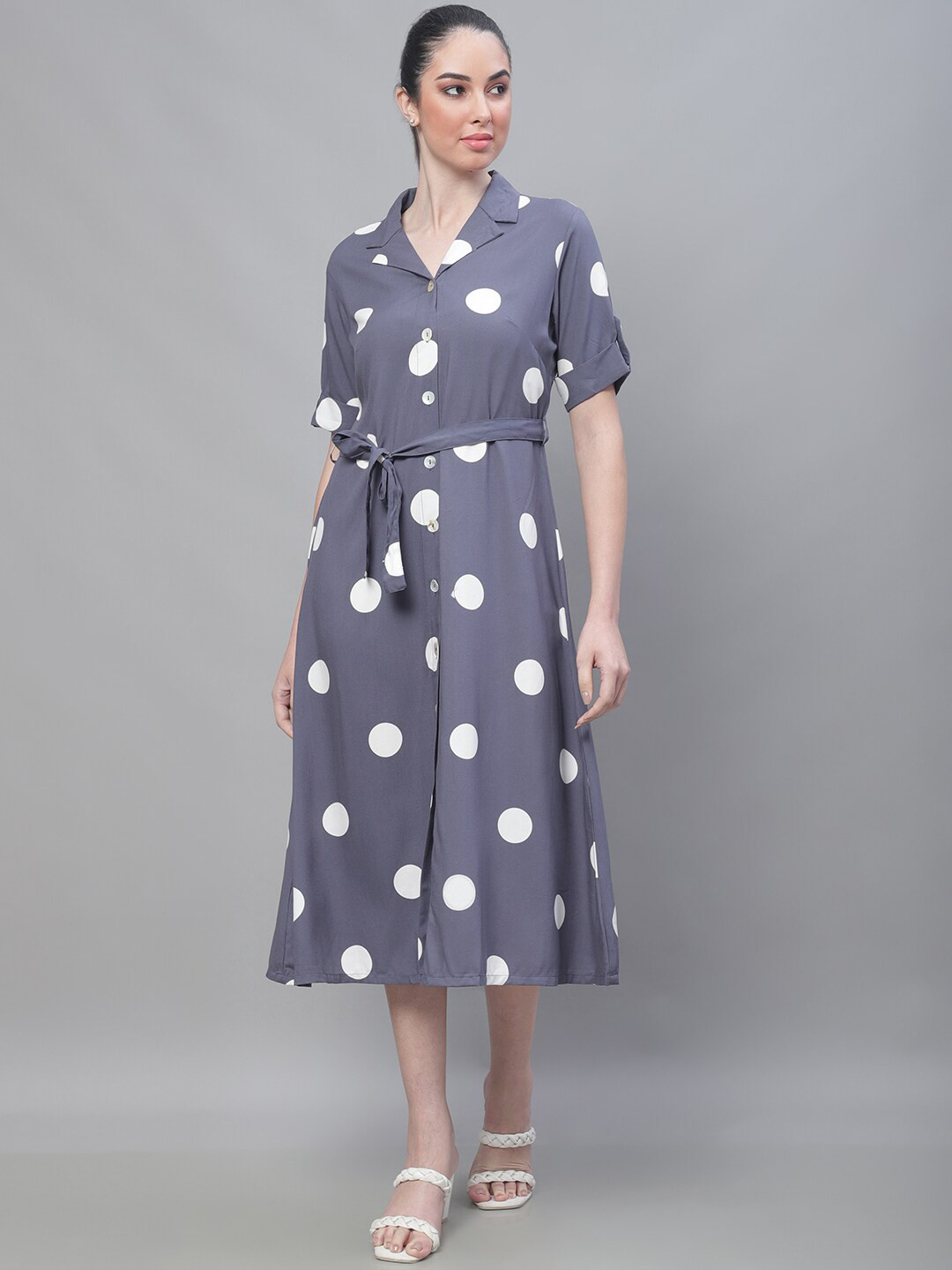 Cantabil Polka Dot Print Shirt Midi Dress