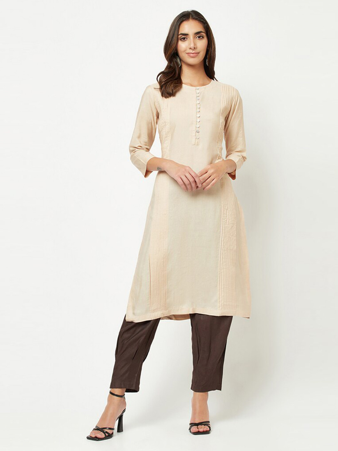 BARARA ETHNIC Round Neck Pleated Pure Cotton Straight Kurta