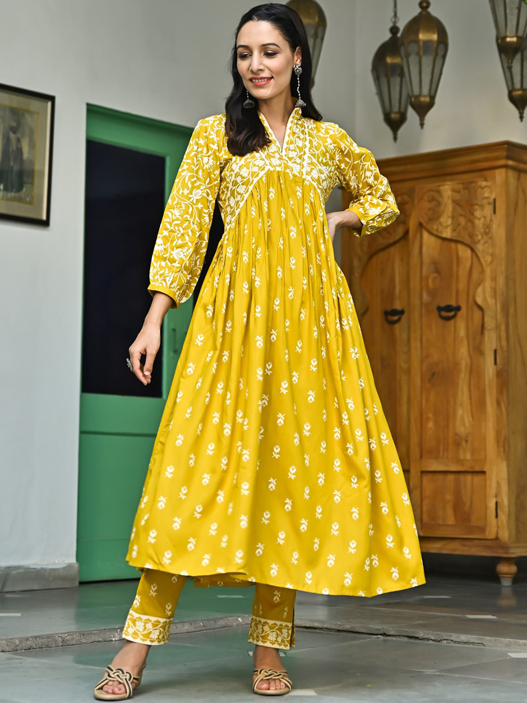 Rustorange Yellow Floral Printed Puff Sleeves A-Line Pleated Kurta with Trousers Set